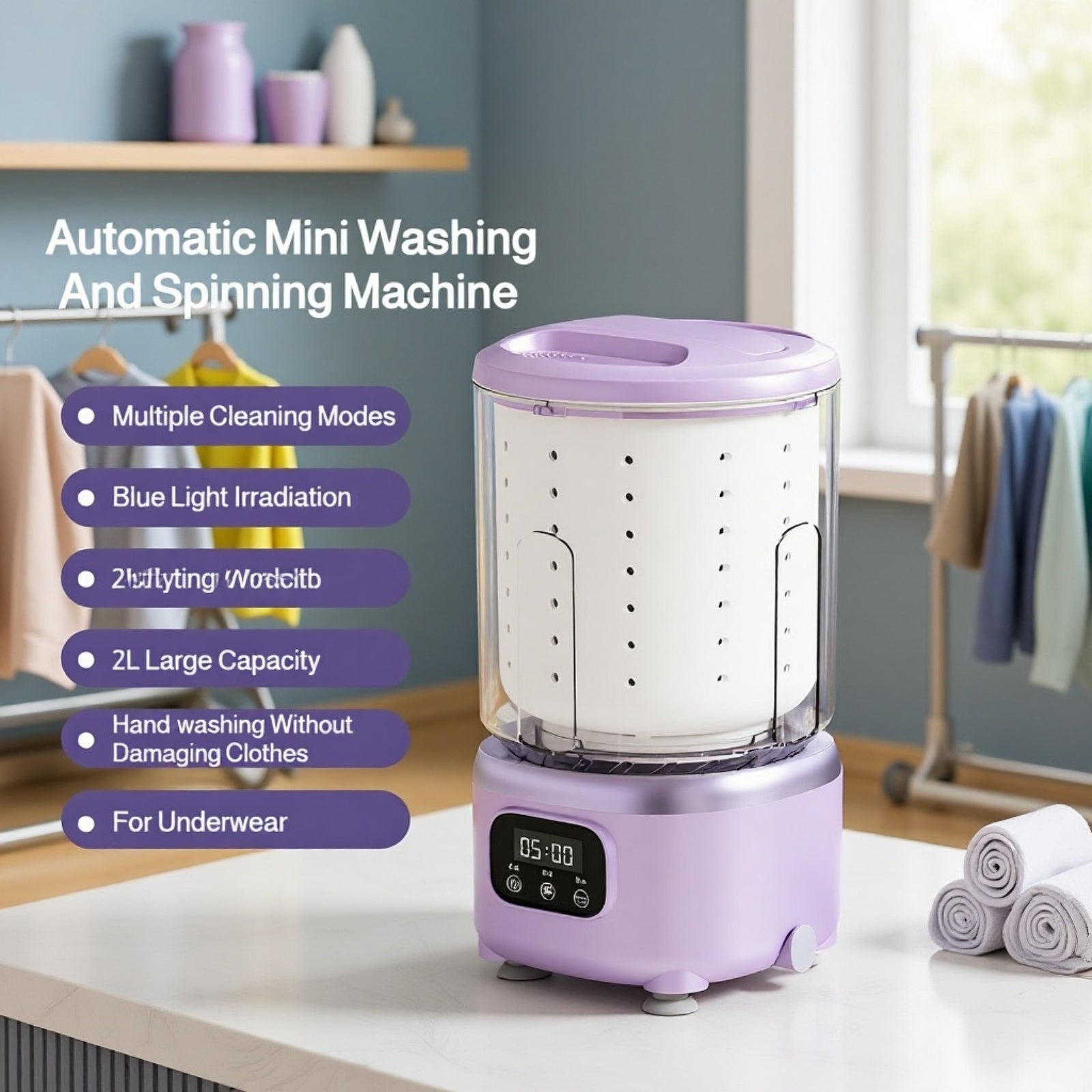 Fully automatic household mini washer-extractor with cup for underwear and briefs, USB charging.